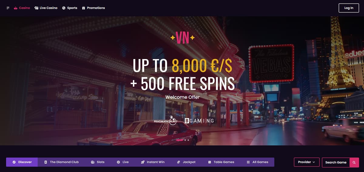 Vegasnow Casino-Startseite mit neonbeleuchteter Las-Vegas-Straßenszene und einem Eiffelturm-Nachbau, der einen Willkommensbonus von bis zu 8.000 CHF/€ und 500 Freispiele bewirbt. Die Oberfläche bietet Navigation für Casino, Live-Casino, Sportwetten, Angebote sowie Kategorien wie Diamond Club, Sofortgewinn, Jackpots und Tischspiele.