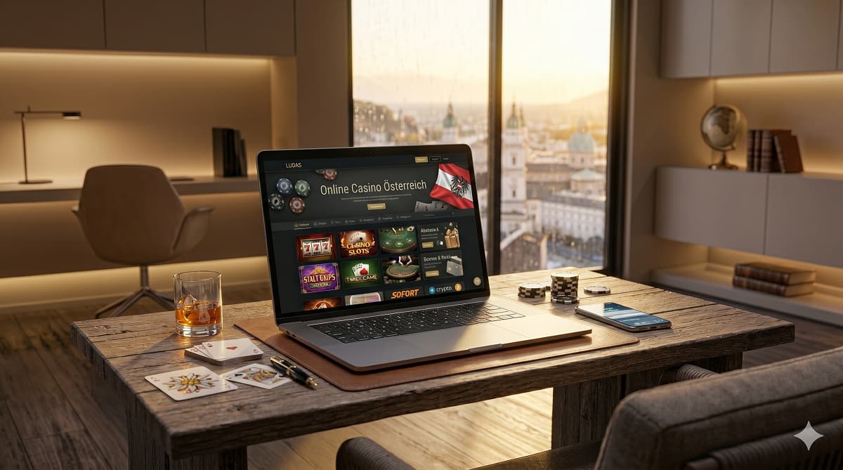 Ein Laptop zeigt eine Online-Casino-Webseite mit dem Titel "Online Casino Österreich" in einer luxuriösen Lounge.